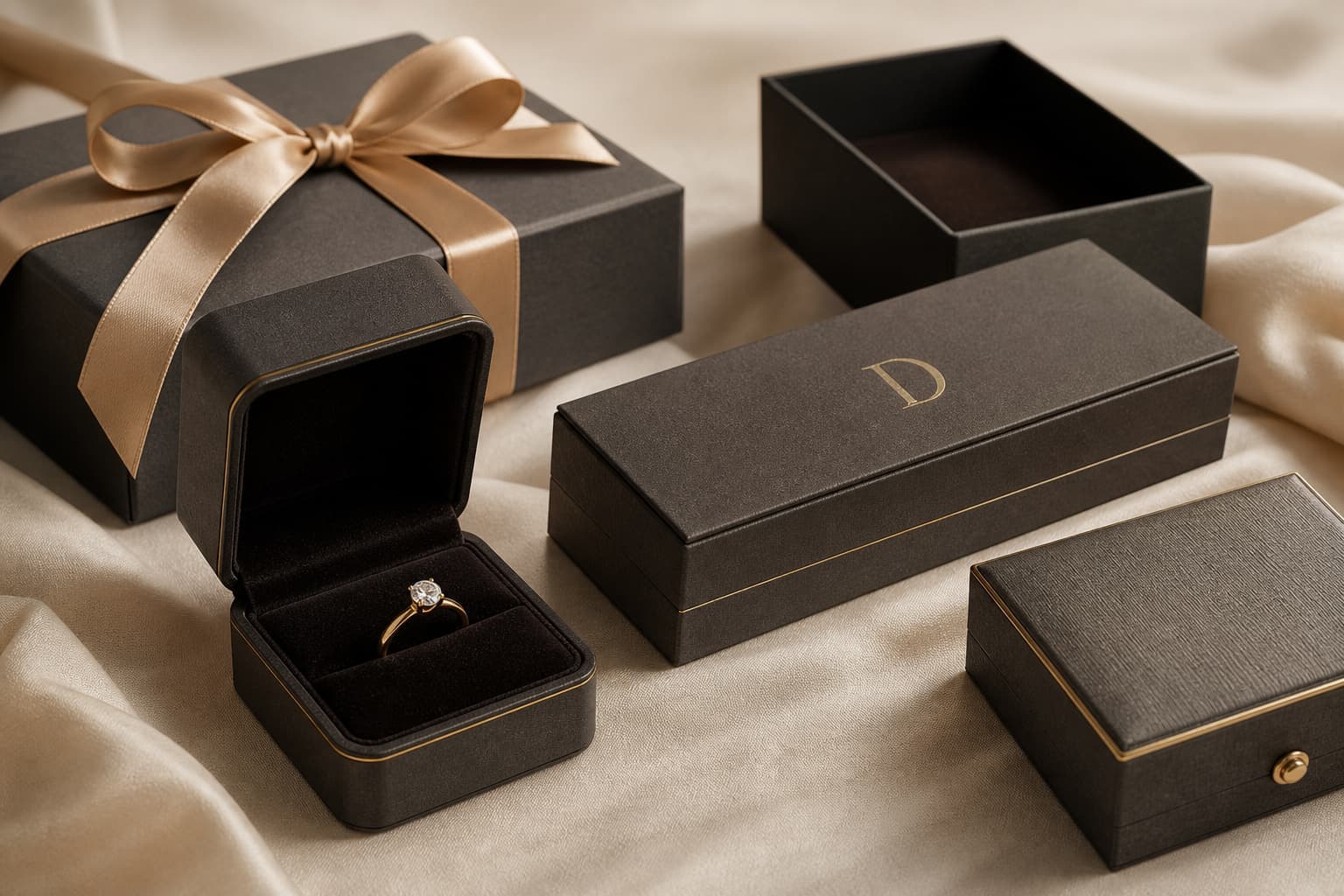 Luxury jewellery boxes and presentation packaging arranged on a warm ivory surface