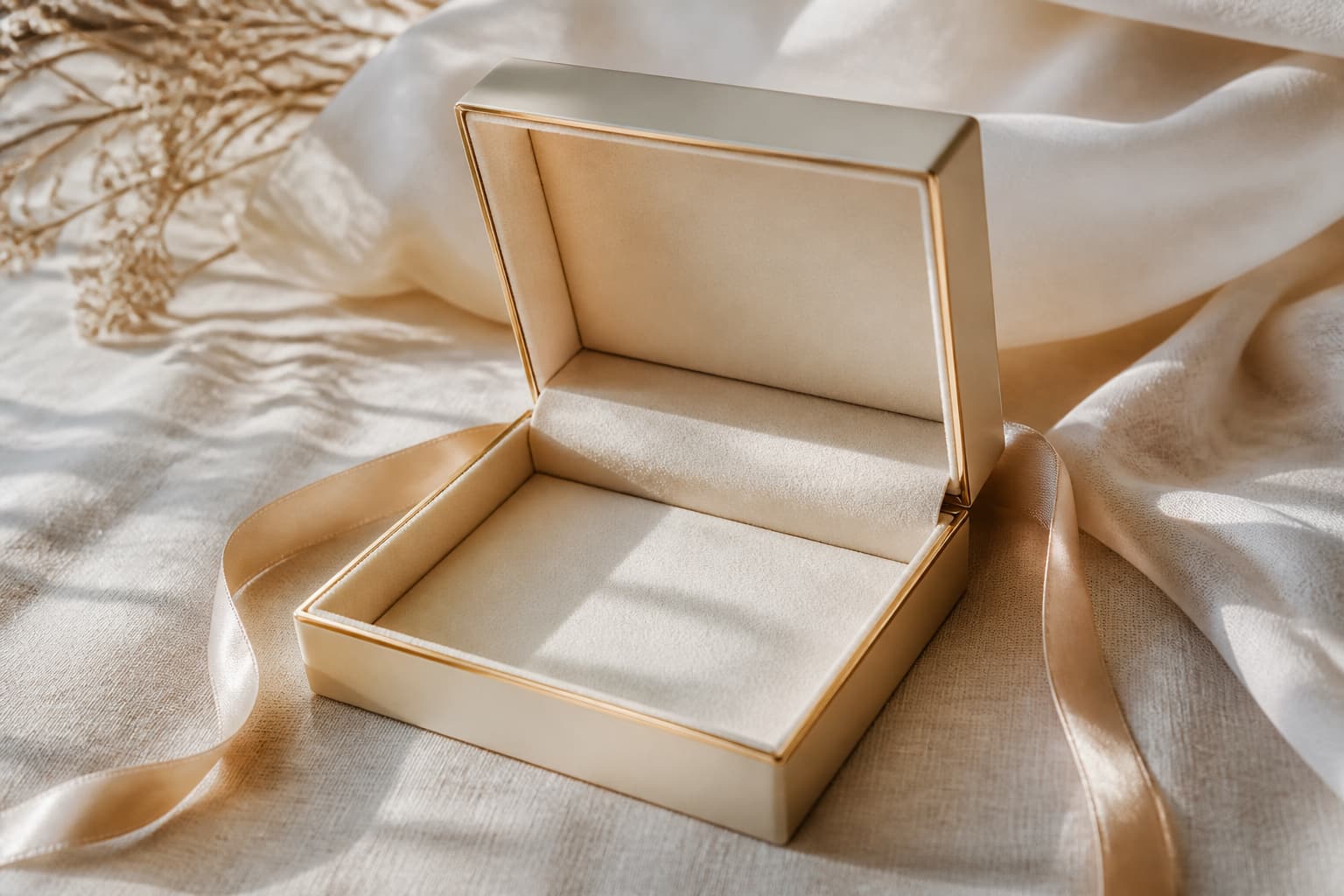 Open luxury jewellery box with velvet interior and satin ribbon