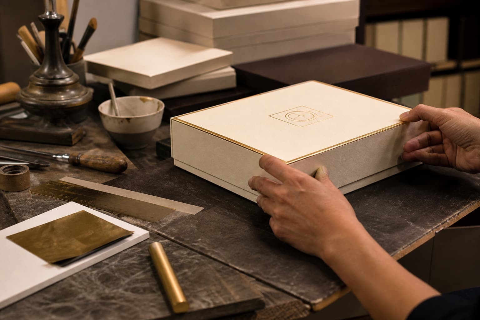 Close workshop view of rigid box finishing and gold foil materials