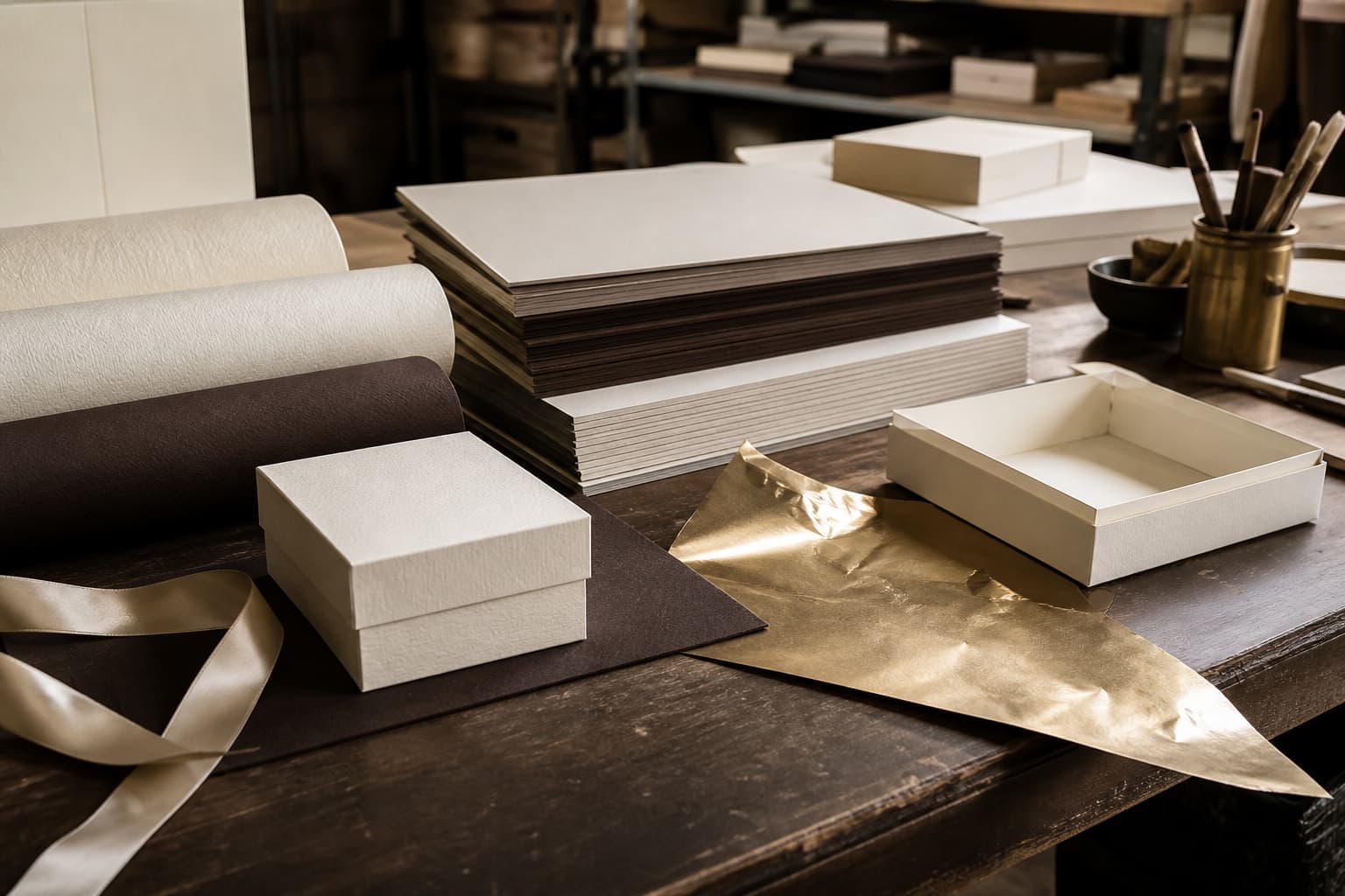 Packaging materials, rigid boards and unfinished boxes in a workshop setting
