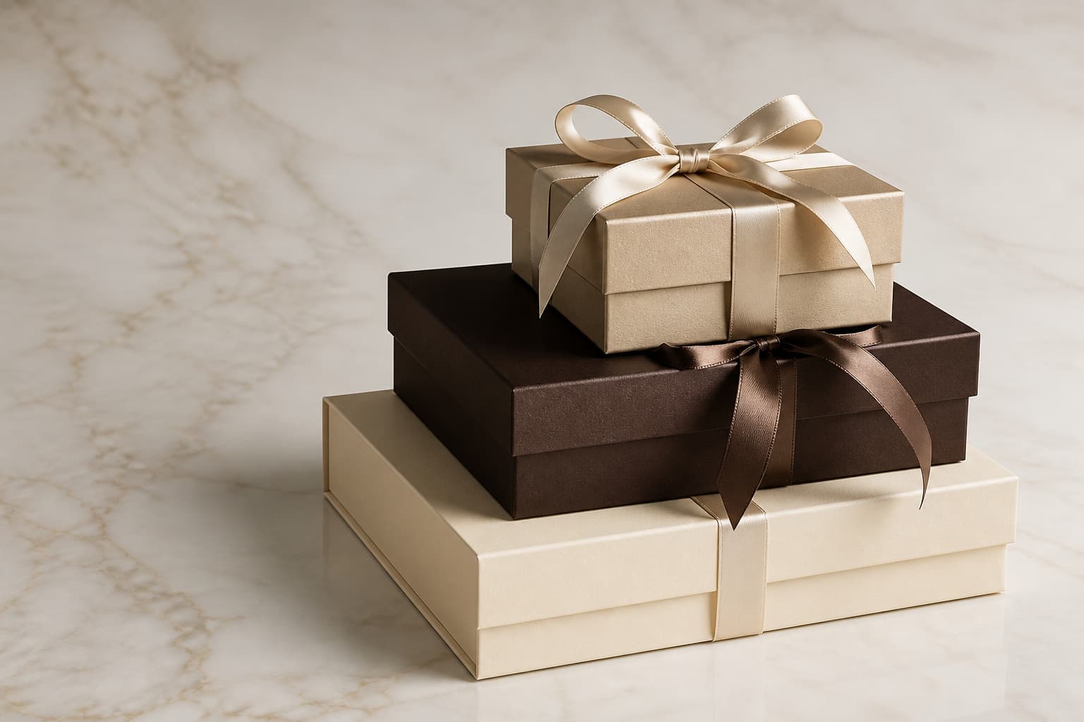 Stacked premium gift boxes with satin ribbons
