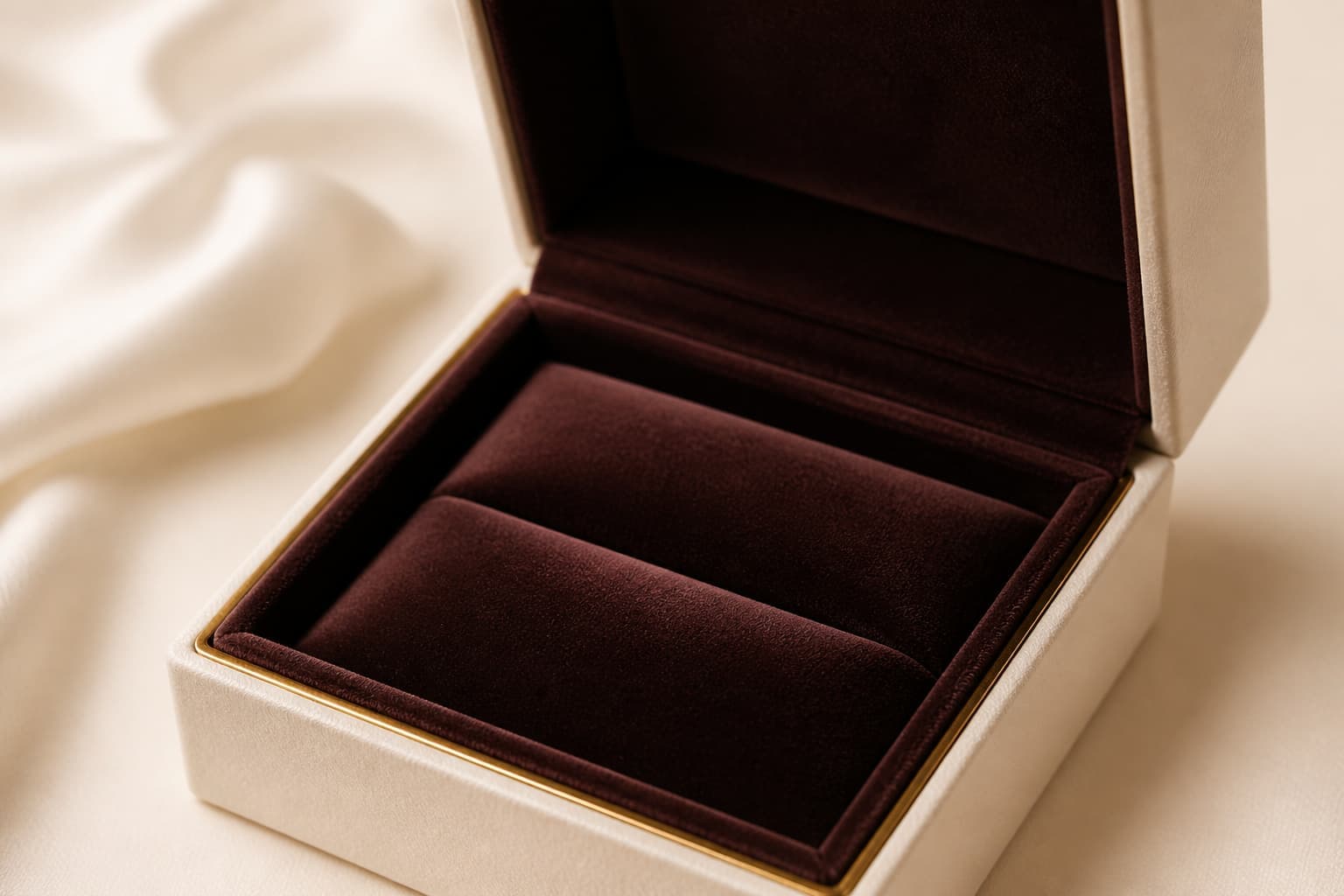 Open jewellery ring box with a deep velvet interior
