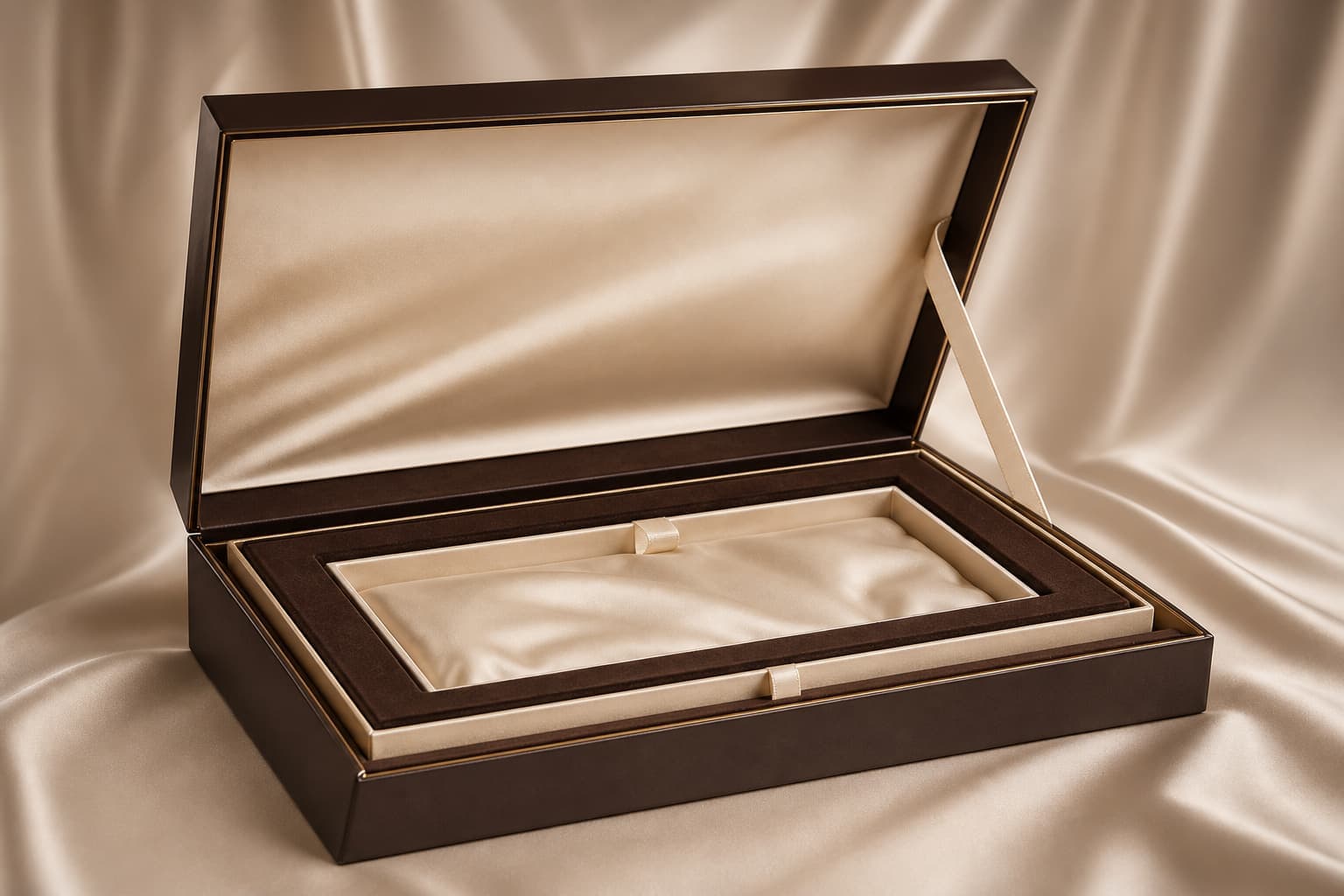 Luxury presentation box with layered interior and ribbon lift