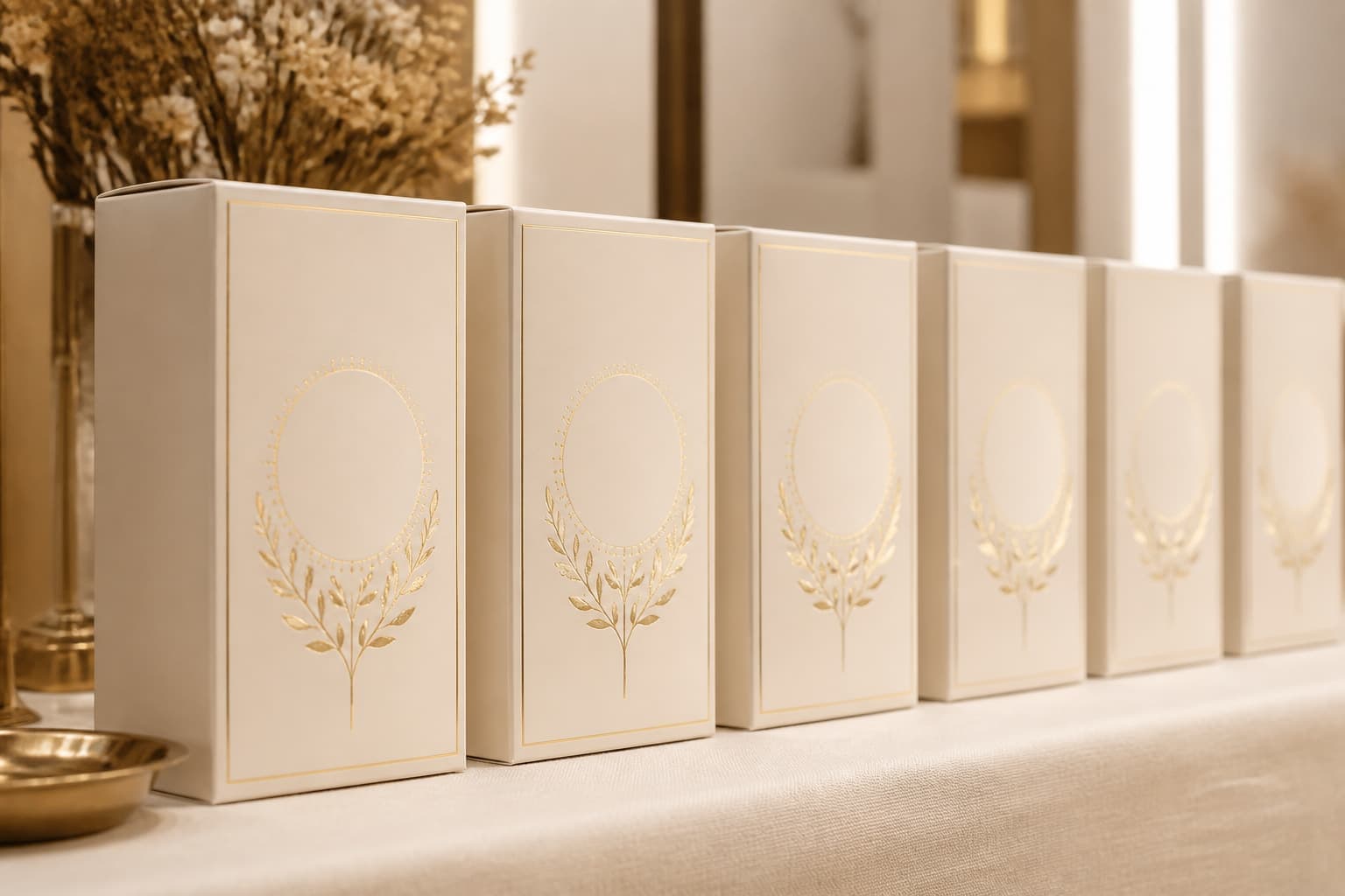 Coordinated retail packaging boxes arranged in a consistent set